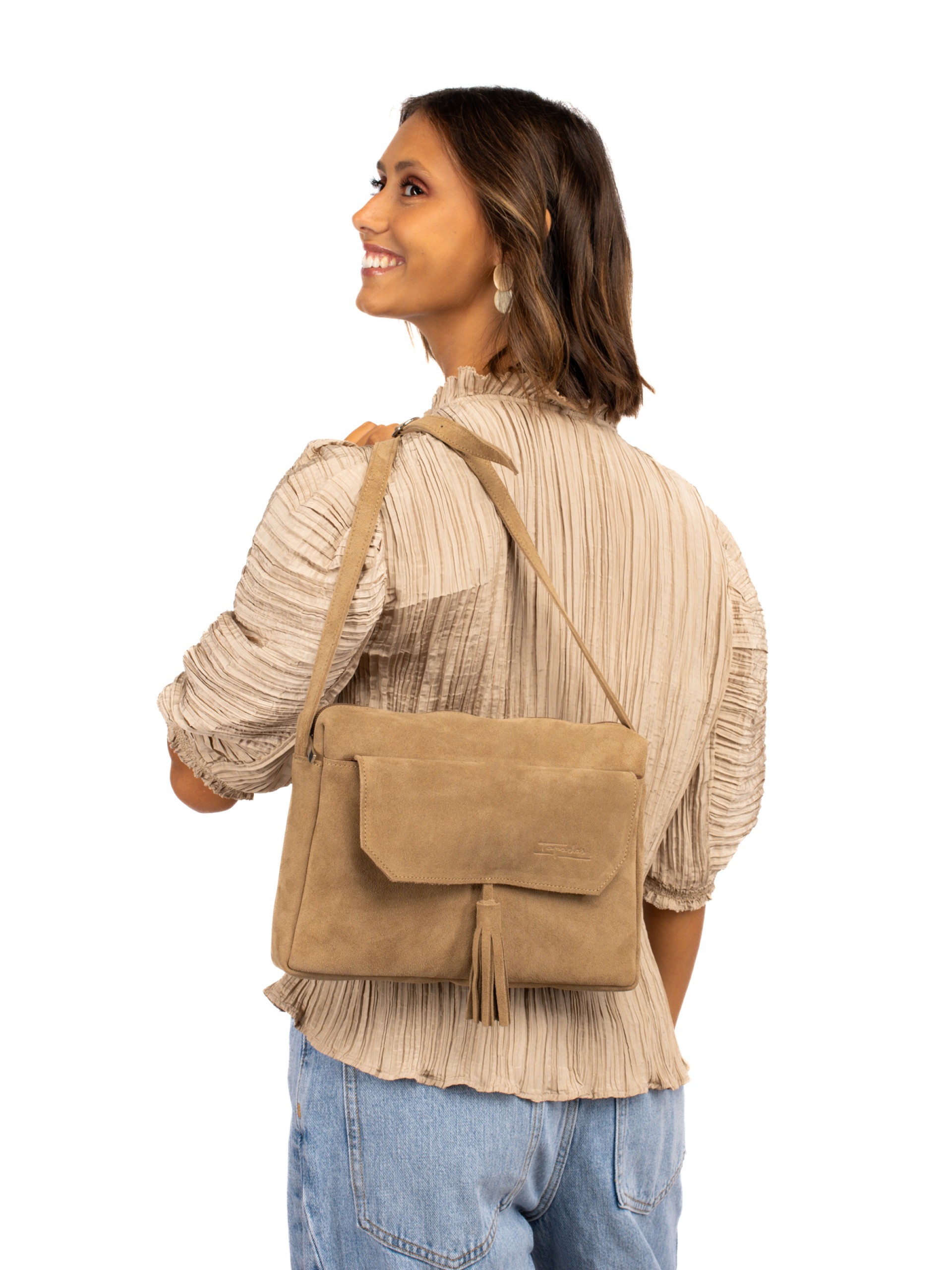 Suede shoulder bag with charm