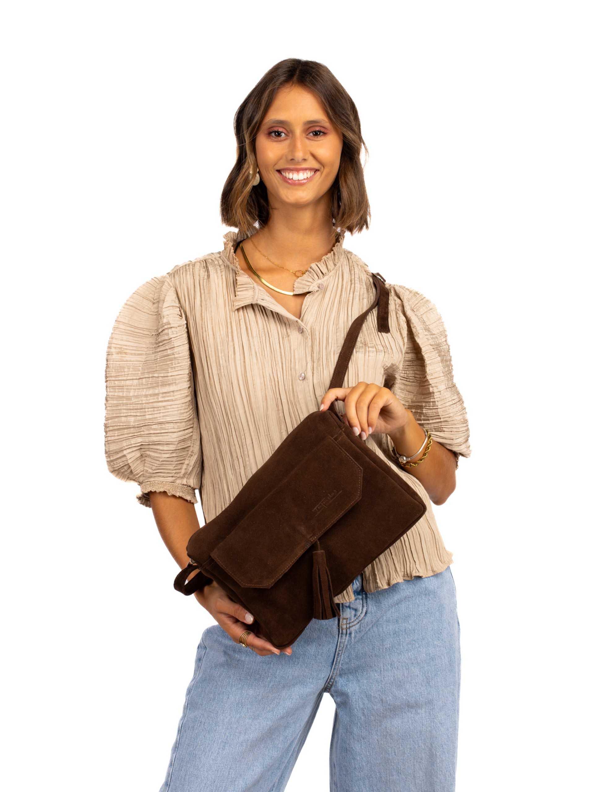 Suede shoulder bag with charm