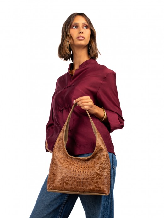 Suede and Crocodile Leather Shoulder Bag