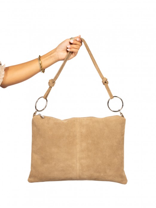 Suede shoulder bag with metal rings. Suede shoulder bag with metal rings.