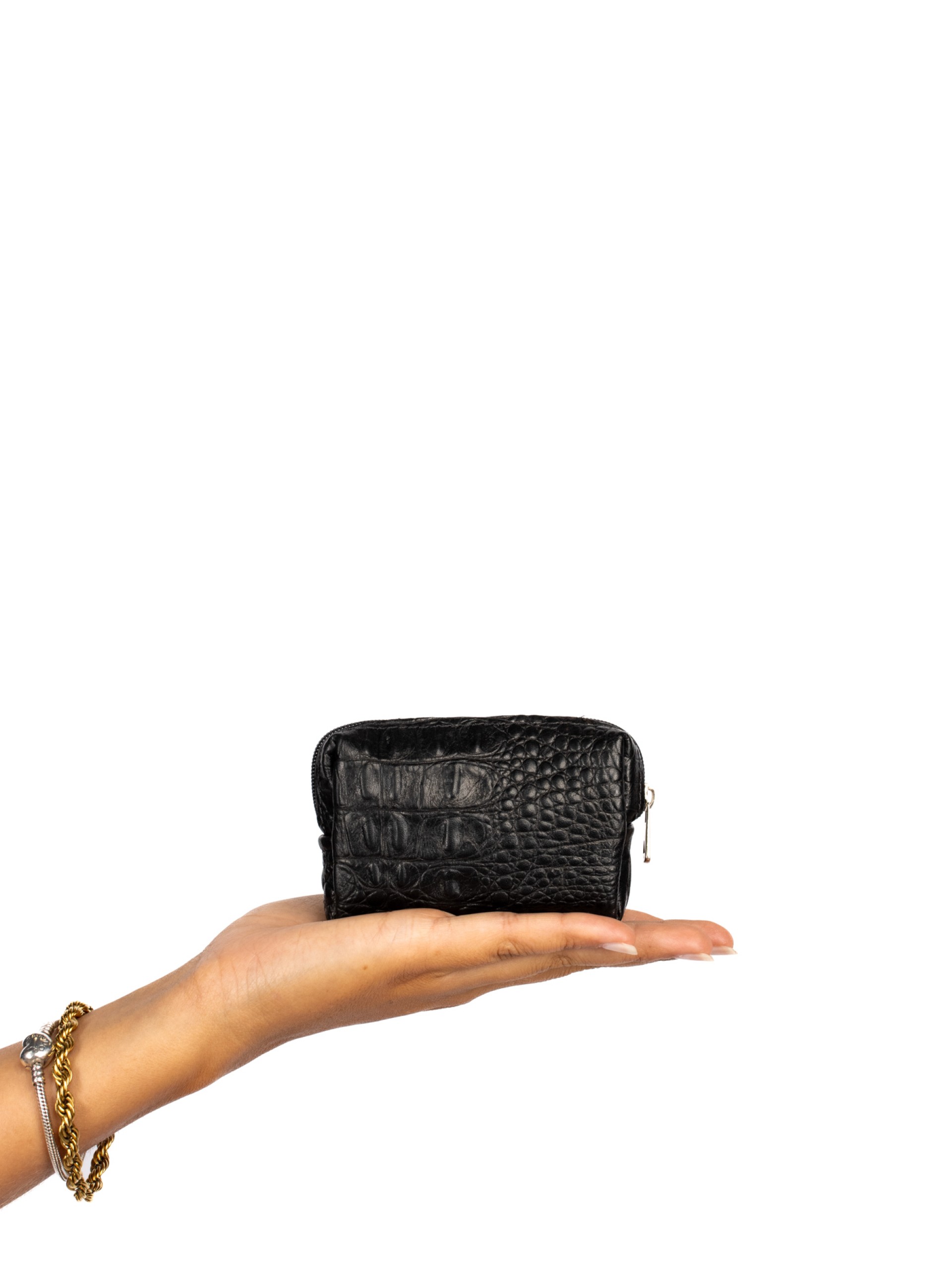 Coin purse in suede and crocodile skin.