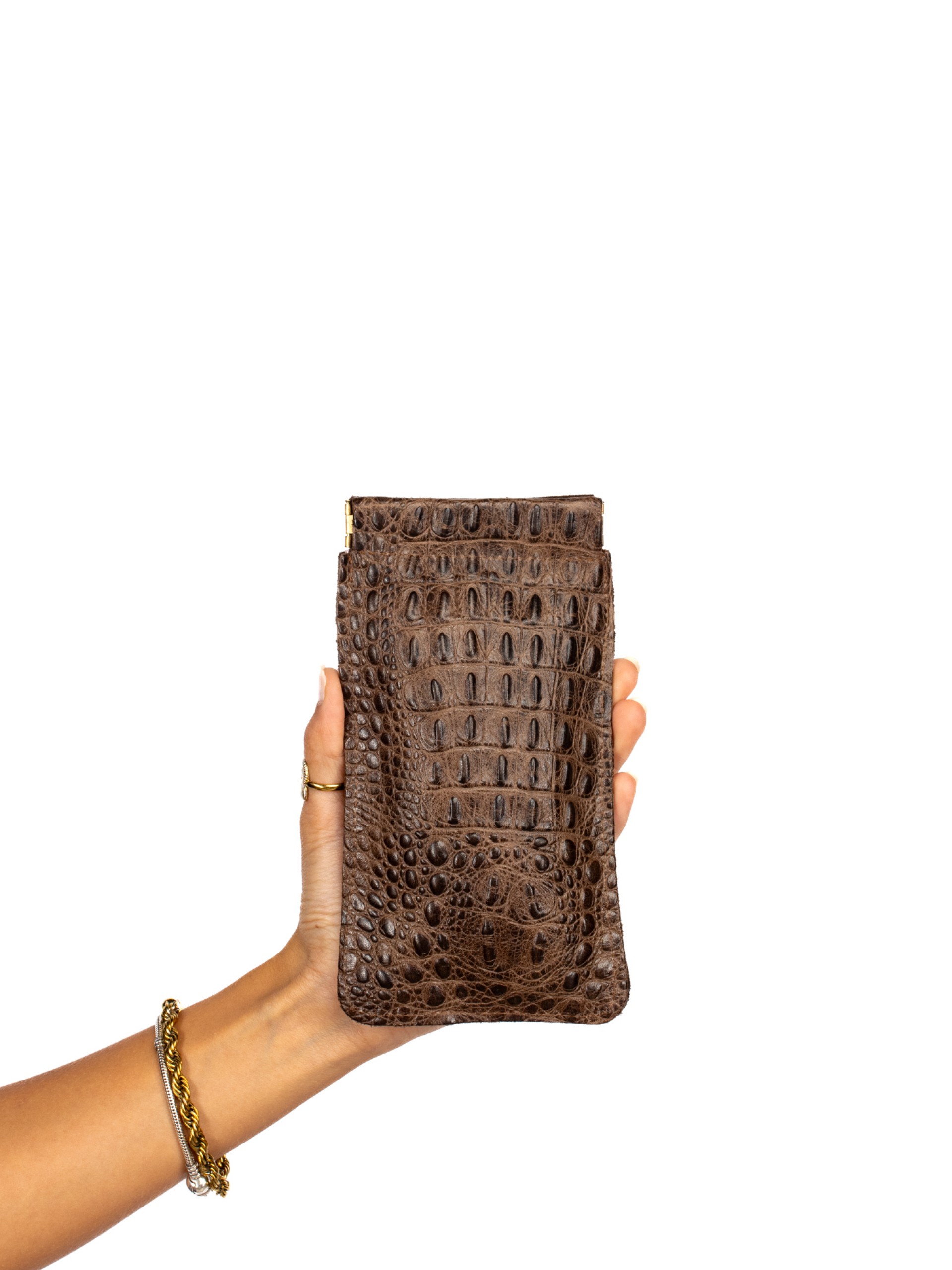 Bolsa de óculos em camurça e pele croco