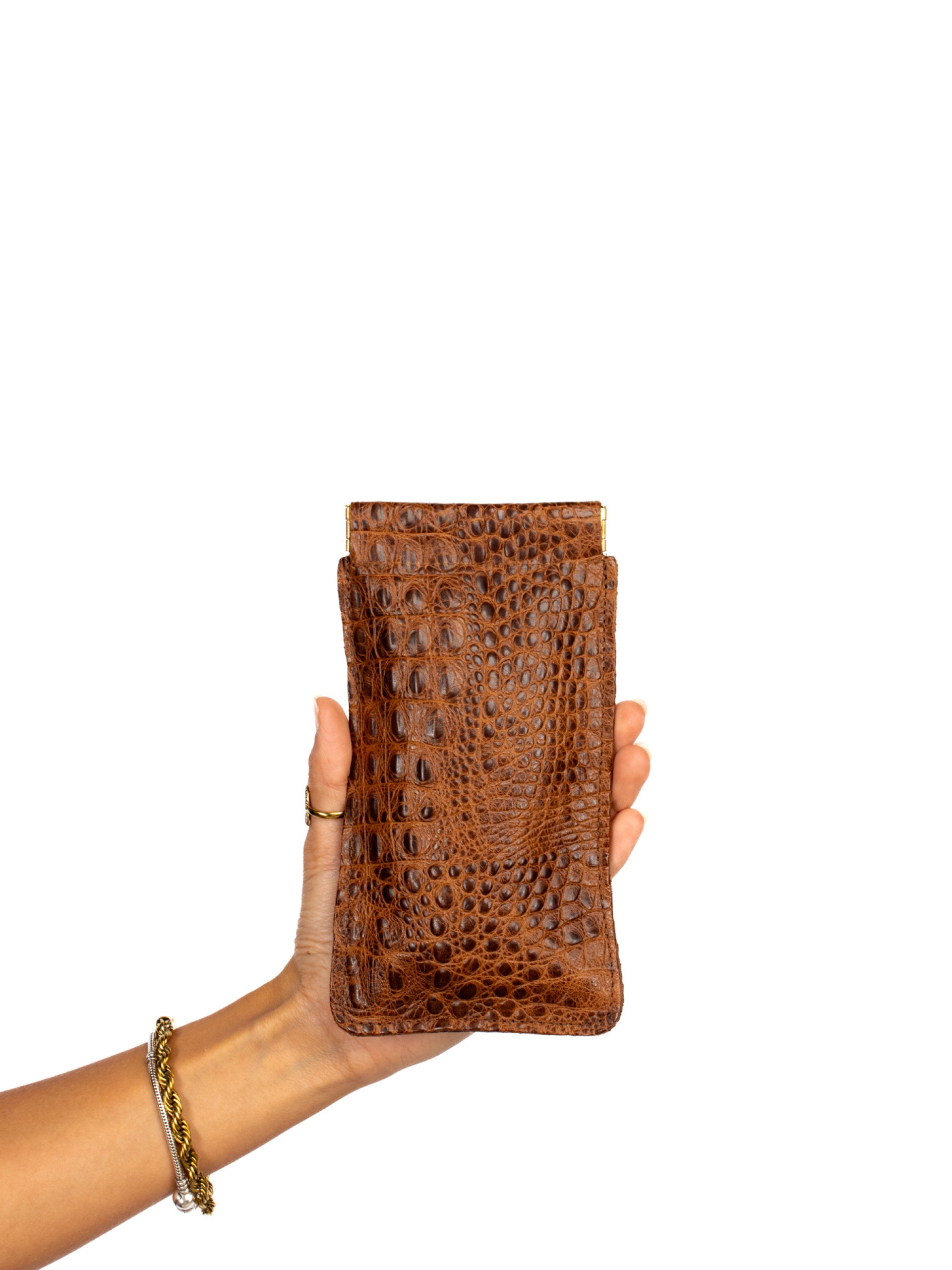 Bolsa de óculos em camurça e pele croco