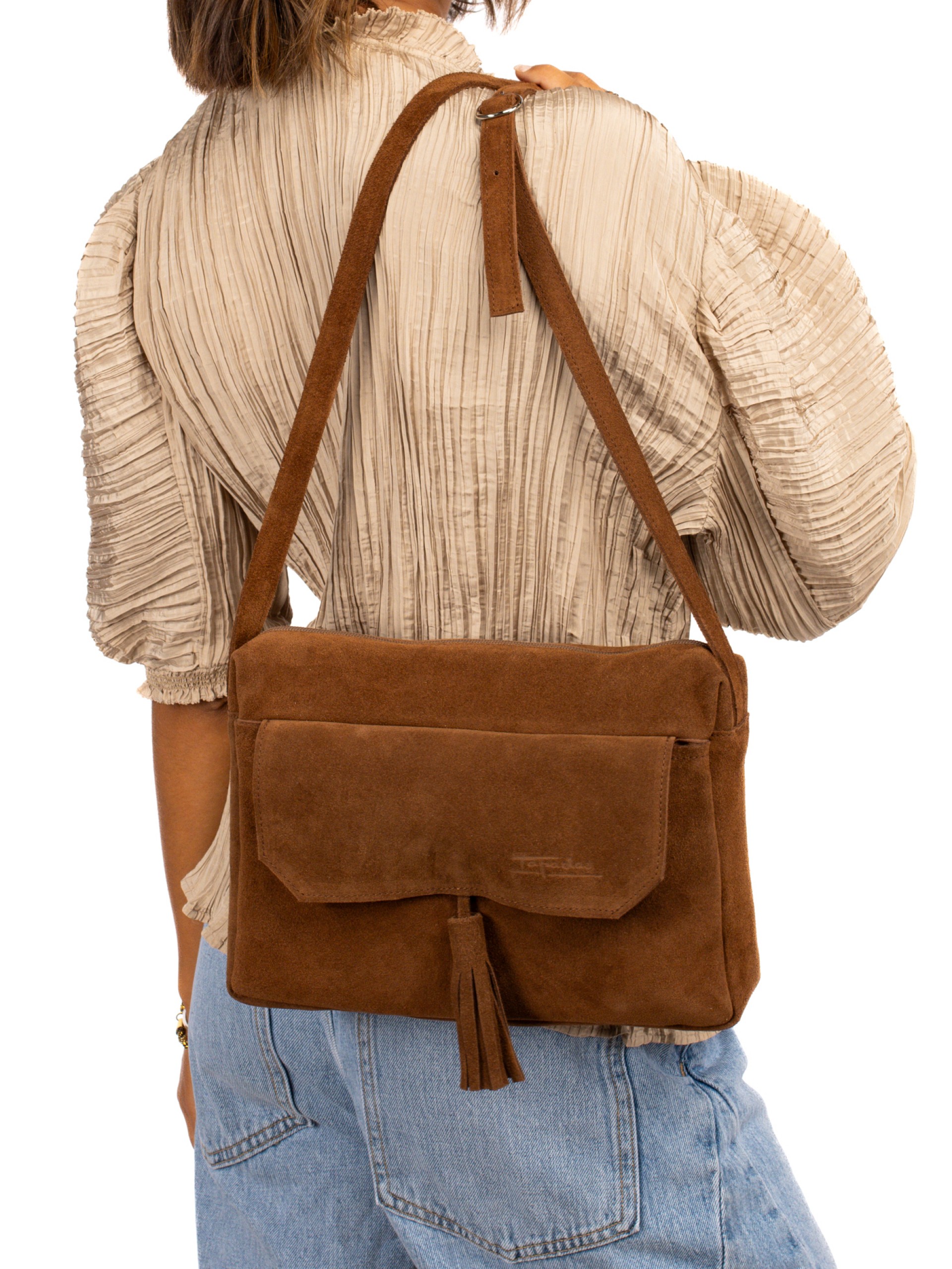Suede shoulder bag with charm