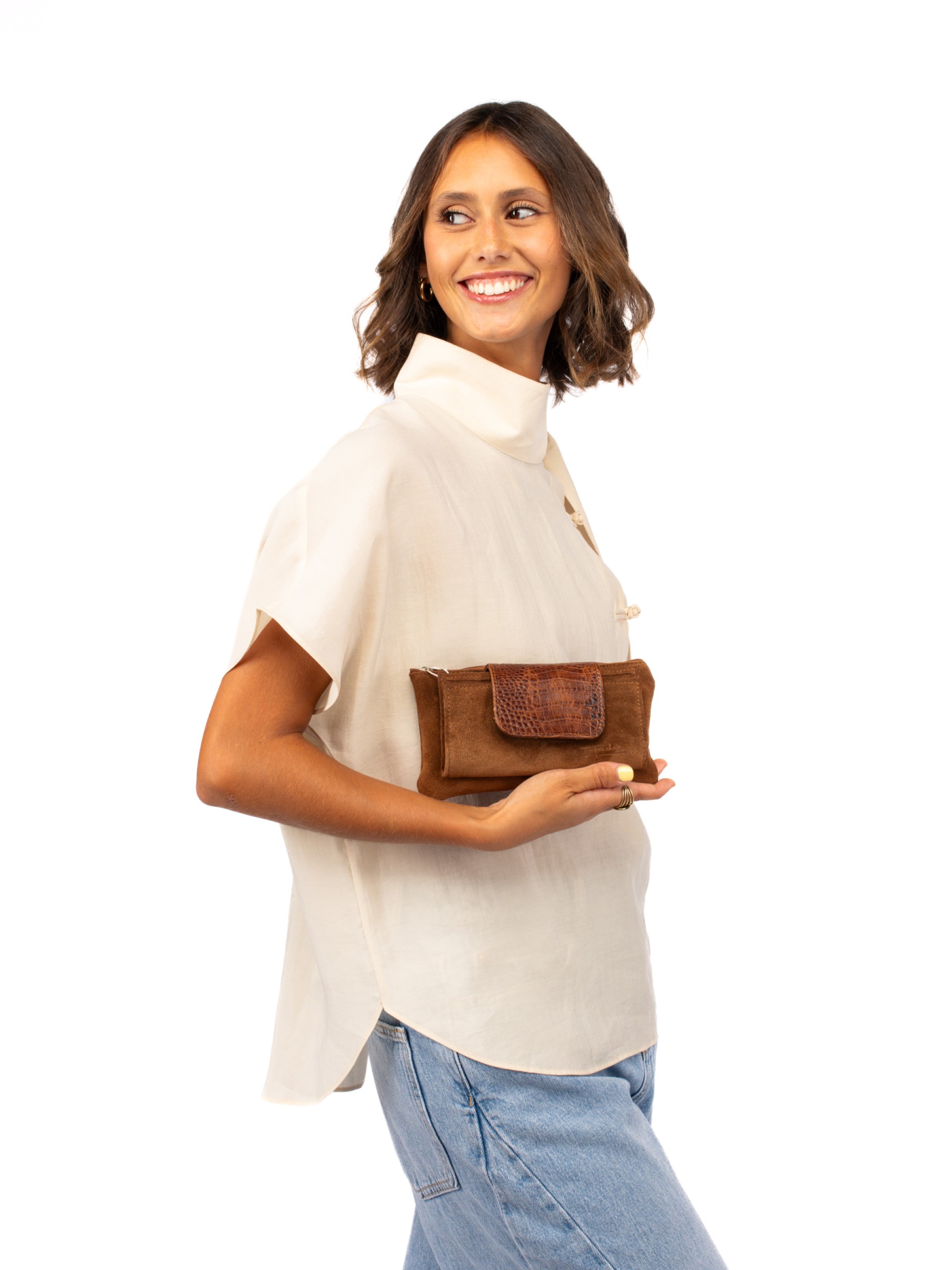 Suede and Croc-Embossed Leather Wallet